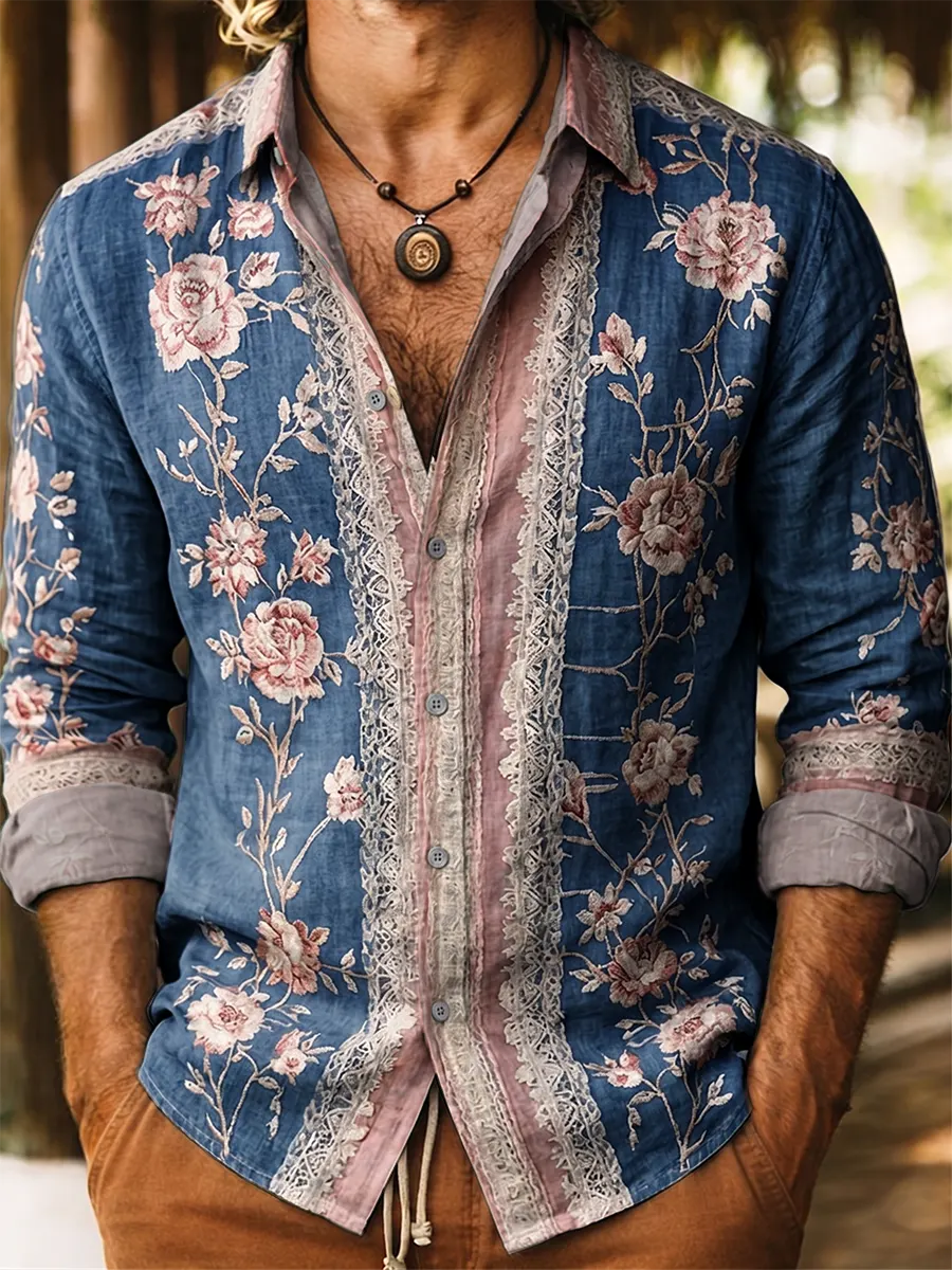 Ethnicity Vintage Flowers Patchwork Men's Art Print Vintage Cotton Long Sleeve Shirt