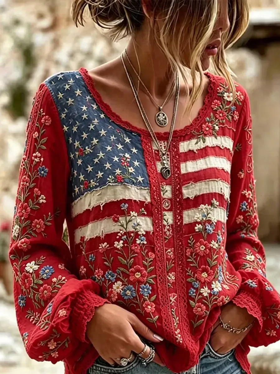 Women's American Flag Floral Print Cotton Blouse
