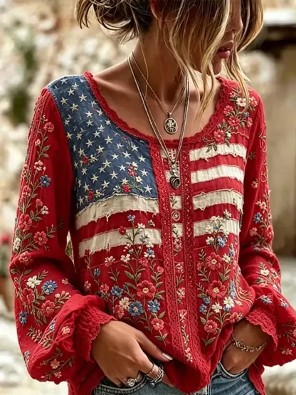 Women's American Flag Floral Print Cotton Blouse
