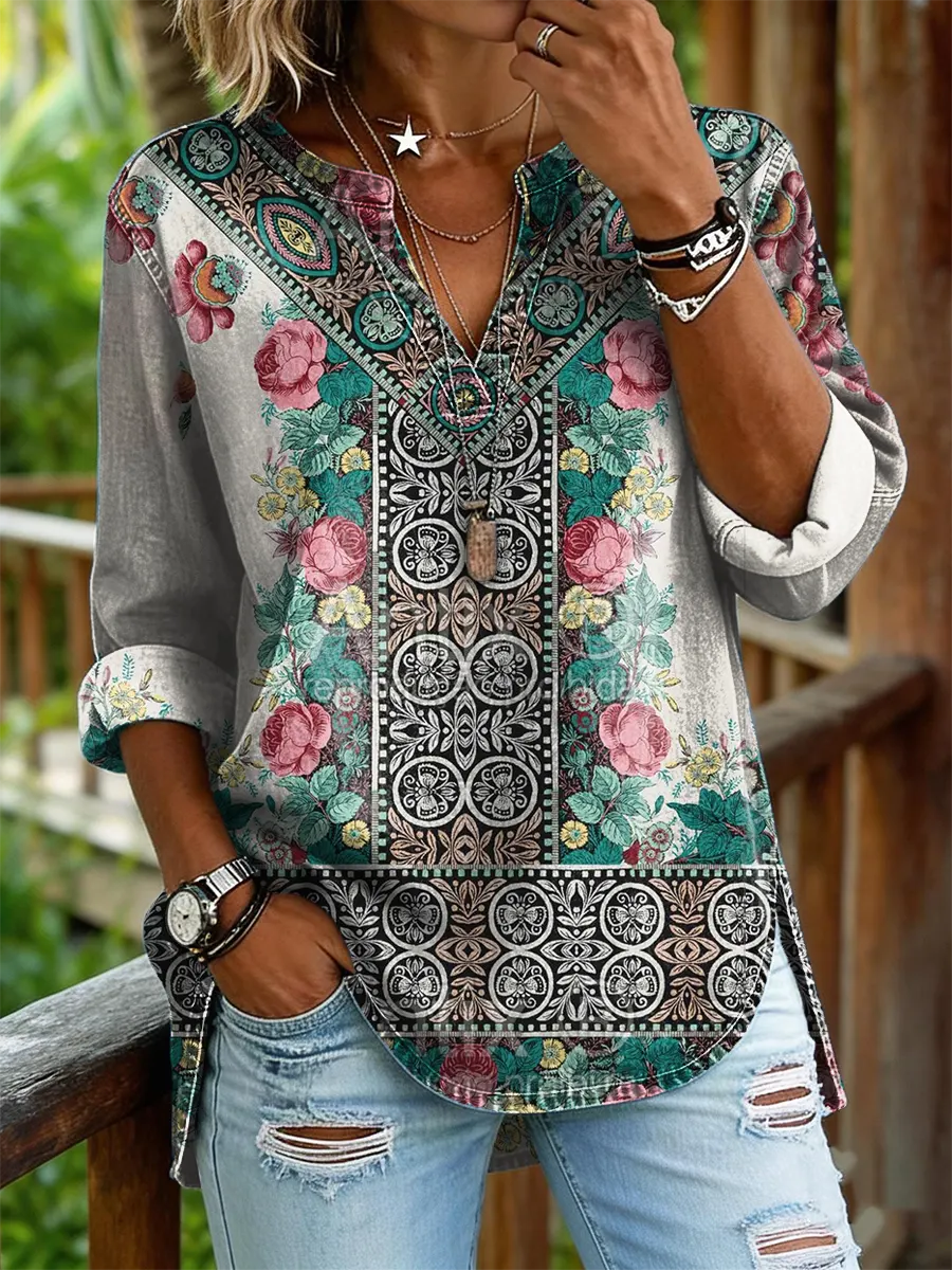 Women's Vintage Floral Print Casual V-neck Washed Cotton Denim Shirt