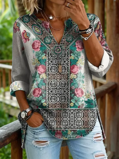 Women's Vintage Floral Print Casual V-neck Washed Cotton Denim Shirt
