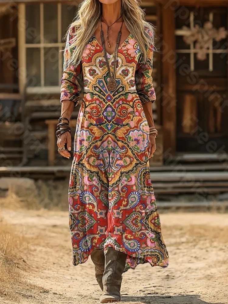 Women's Colorful Ethnic Art Print Pocket Cotton Dress