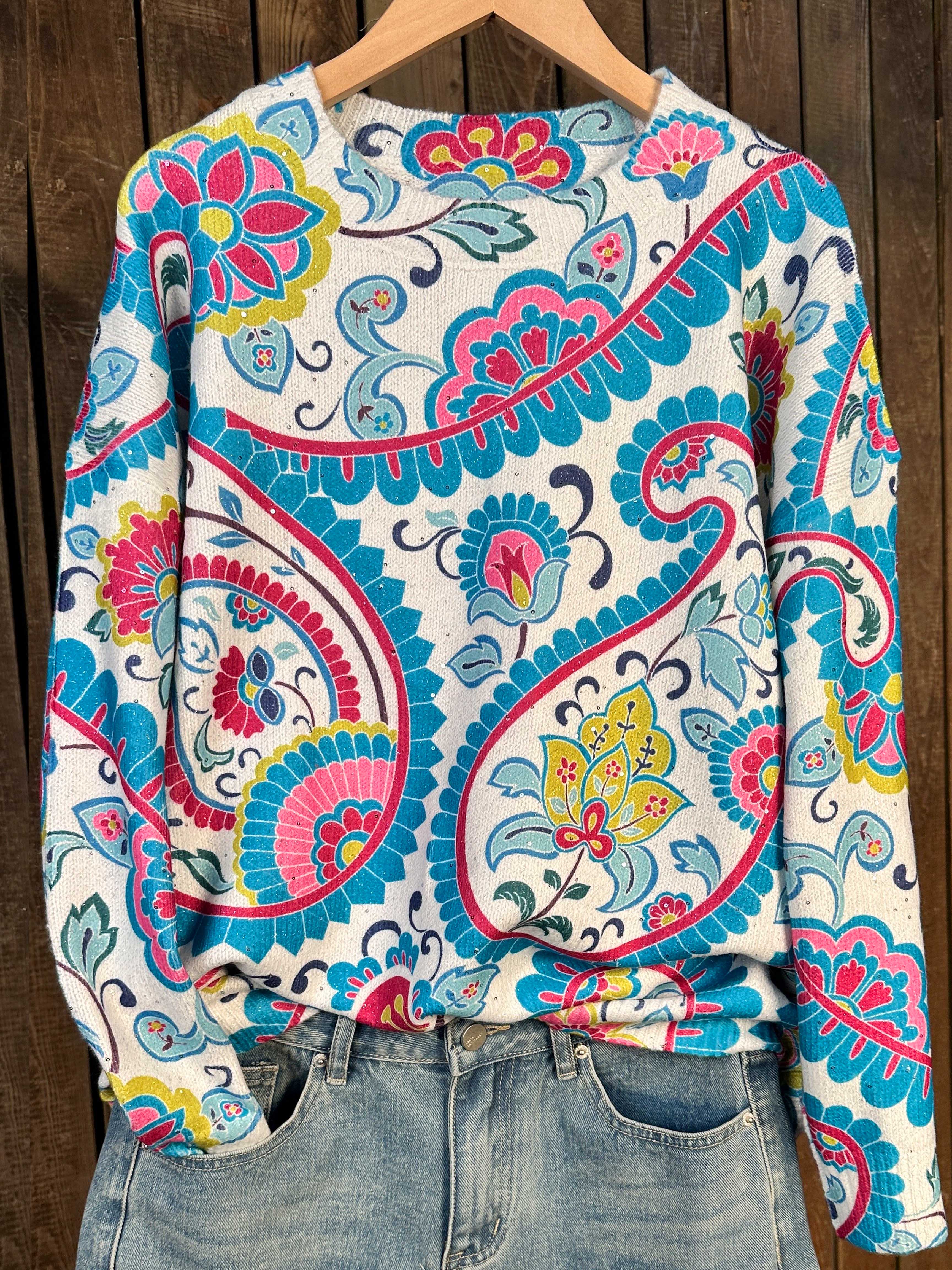 Artistic Floral Sequins Print Knit Pullover Sweater