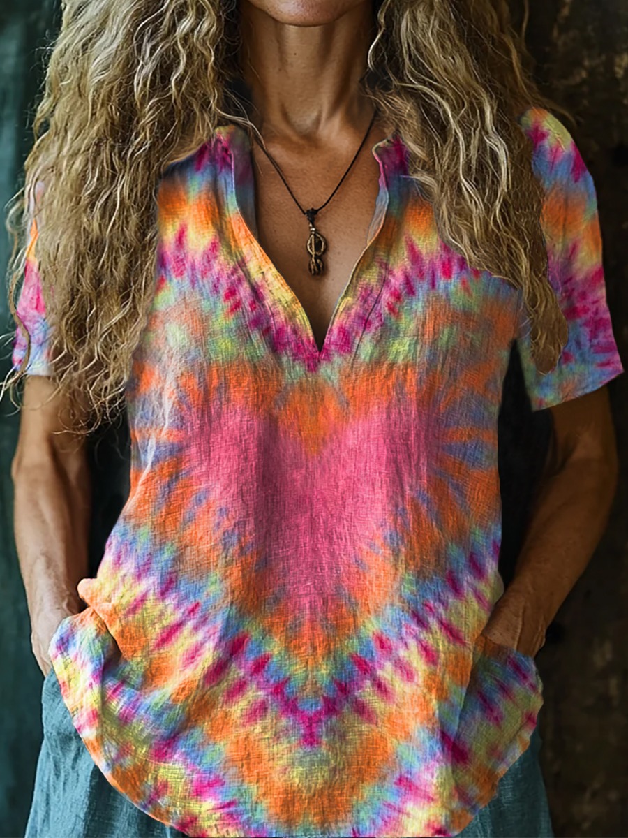 Women's Colorful Love Heart Tie Dye Art Print Casual V-neck Long Sleeve T-shirt
