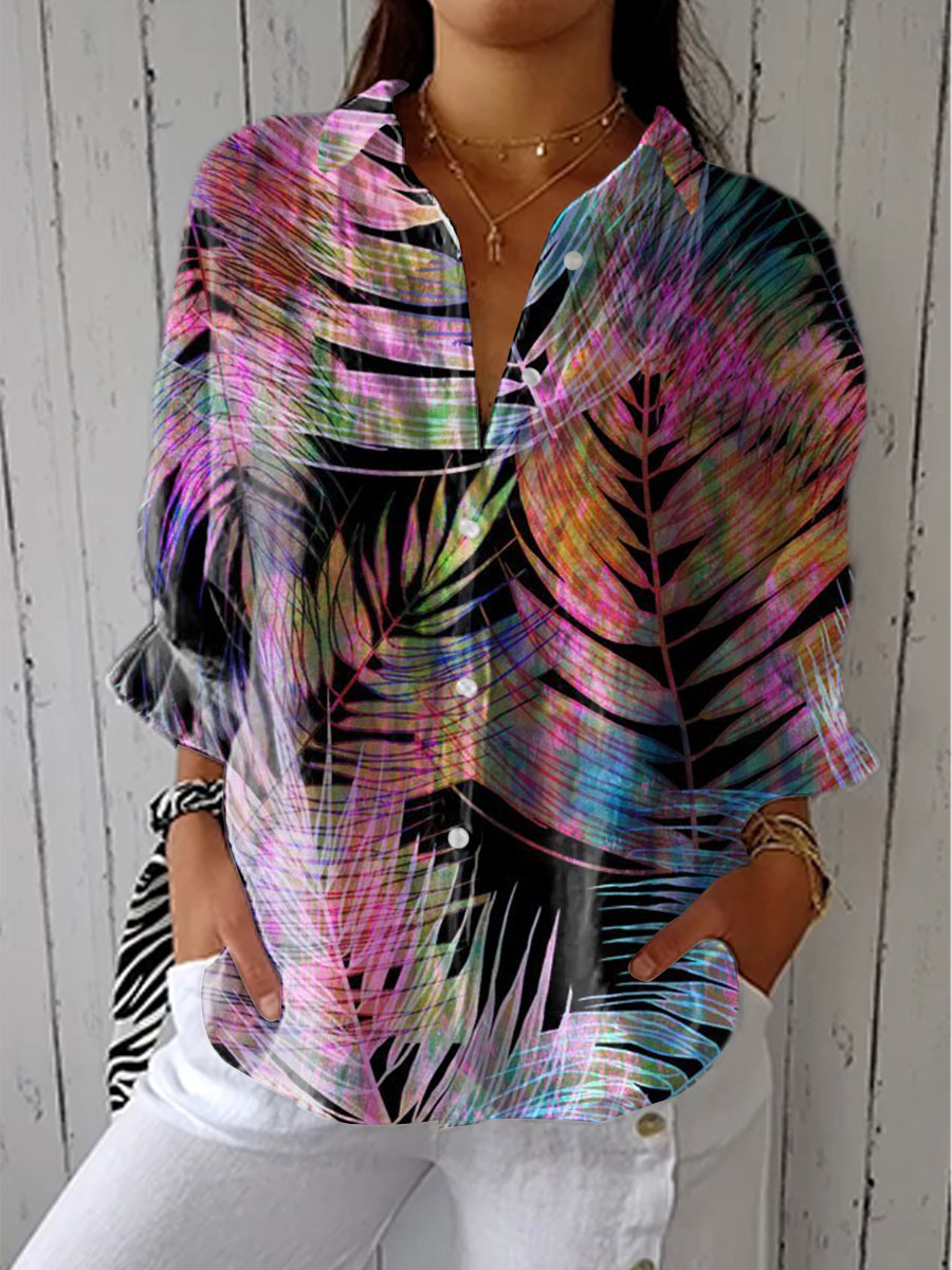 Women's Vintage Gradient Leaf Art Print Casual Linen V-neck Shirt