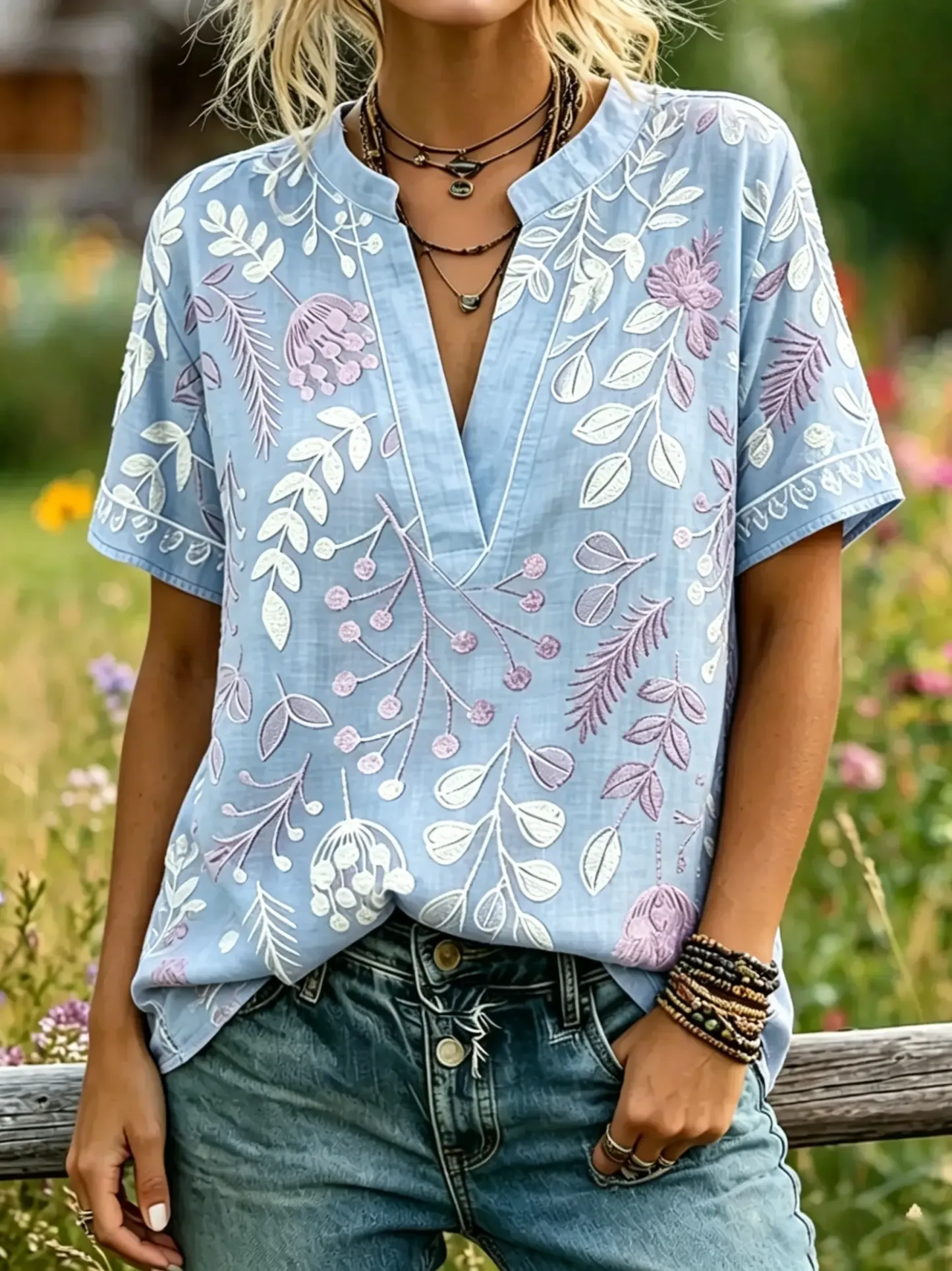 Women's Leaf Floral Print Notch Collar Short Sleeve Top