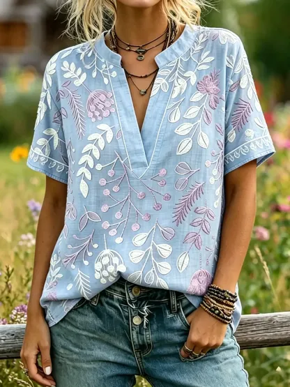 Women's Leaf Floral Print Notch Collar Short Sleeve Top