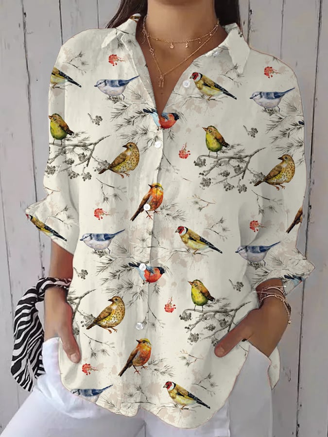 Women's Casual Retro Bird Print Shirt