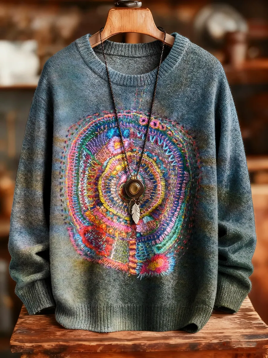 Unisex Retro Ethnic Texture Art Print Crew Neck Knit Sweater