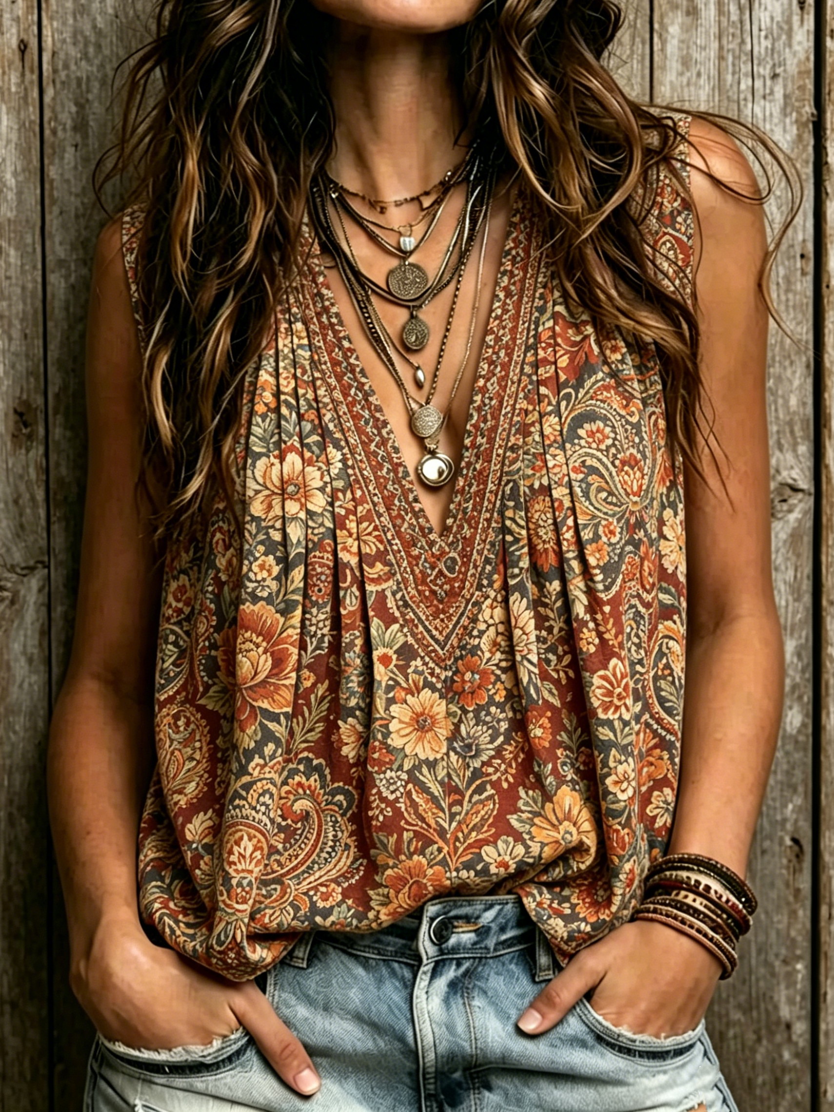 Women's Vintage Ethnic Floral Art Print Casual Sleeveless V-neck Ruched Tank Top