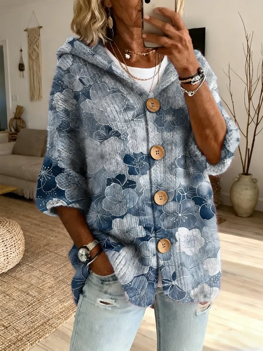 Ethnicity Colorful Flowers Women's Art Print Casual Hooded Cardigan Sweater