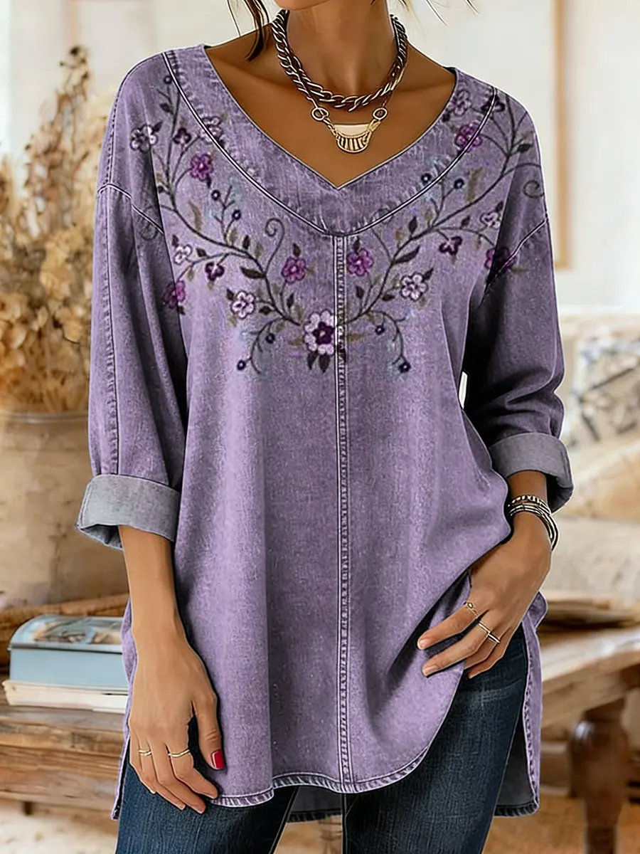 Women's Vintage Floral Patterns Art Print Casual Washed Denim Cotton Top