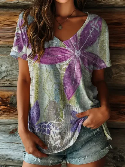 Ethnicity Flowers Patchwork Women's V-neck Print Casual T-shirt