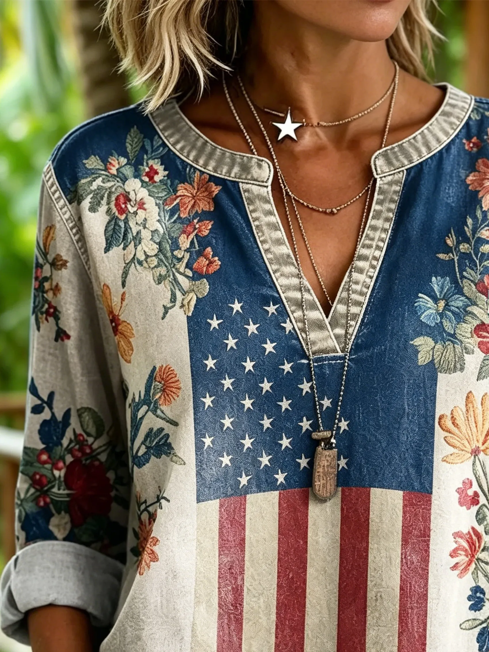 Independence Day Stars Flag Flowers Women's Art Print Casual V-neck Washed Cotton Denim Top