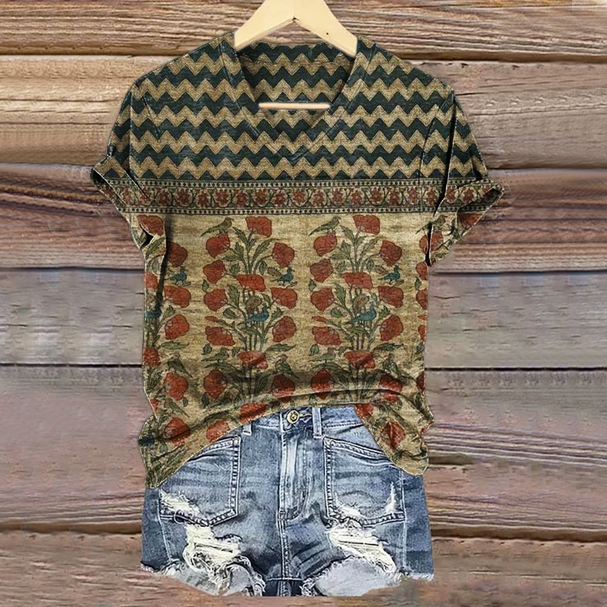 Women's Vintage Bohemian Floral Art Print Casual Cotton Linen Shirt