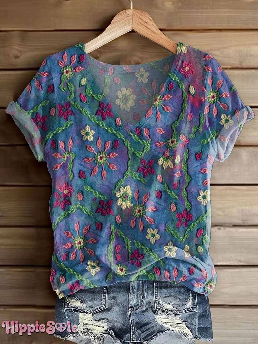 Womens Bohemian Ethnic Floral Art Print Casual Cotton Linen Shirt