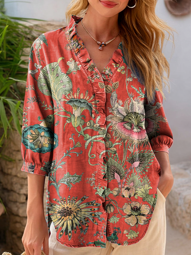 Women's Vintage Ethnic Red Floral Art Print Casual Ruffle Button Denim Shirt