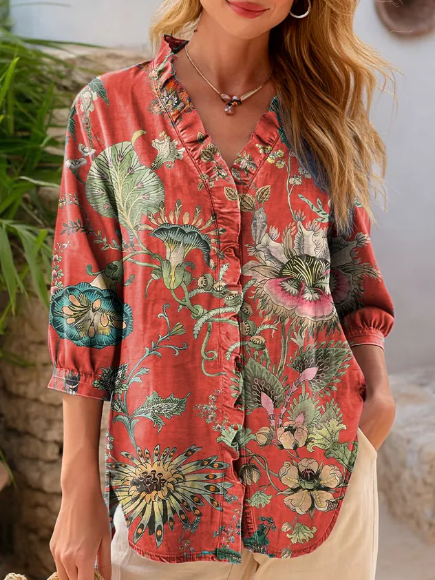Women's Vintage Ethnic Red Floral Art Print Casual Ruffle Button Denim