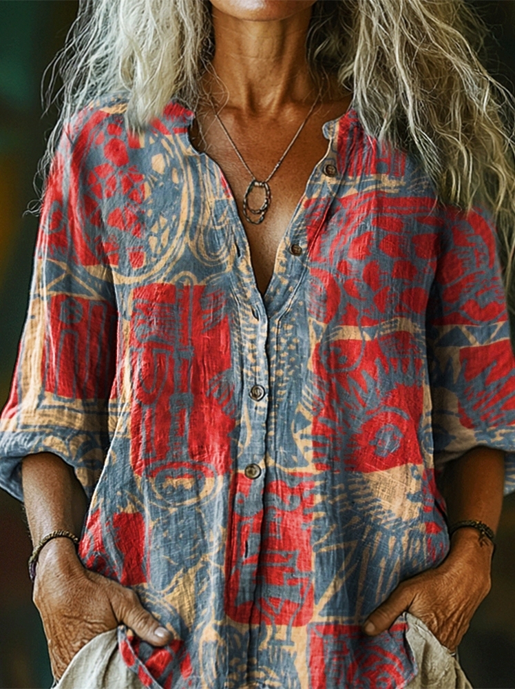 Women's Bohemian Ethnic Collage Art Pattern Print Casual Cotton Linen 