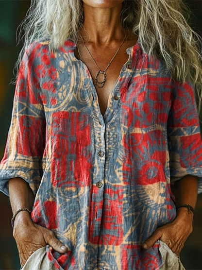 Women's Bohemian Ethnic Collage Art Pattern Print Casual Cotton Linen Shirt