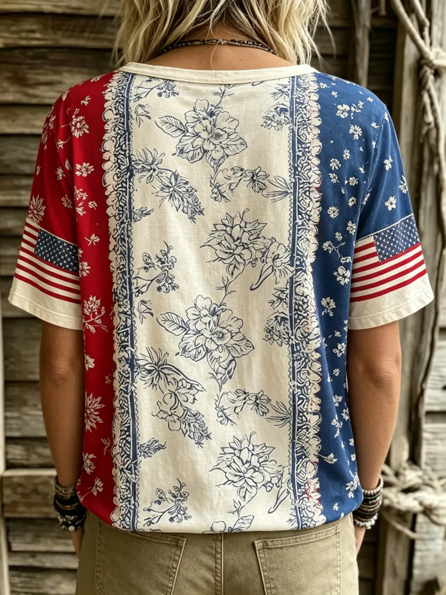 Women's Retro Flag Floral Art Print Casual Short-sleeve Crew Neck T-shirt