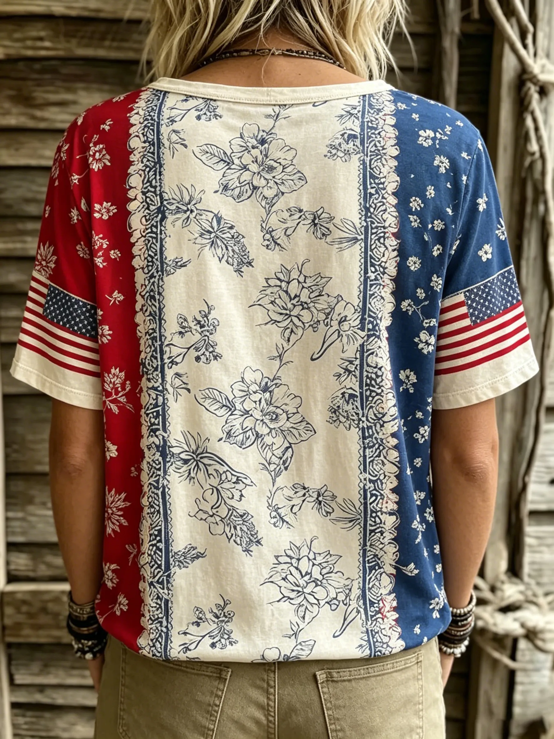 Women's Retro Flag Floral Art Print Casual Short-sleeve Crew Neck T-shirt