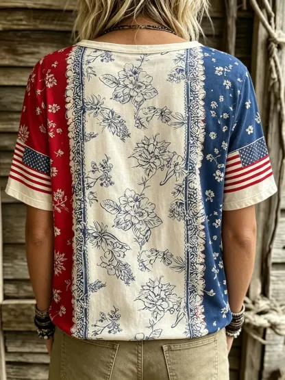 Women's Retro Flag Floral Art Print Casual Short-sleeve Crew Neck T-shirt