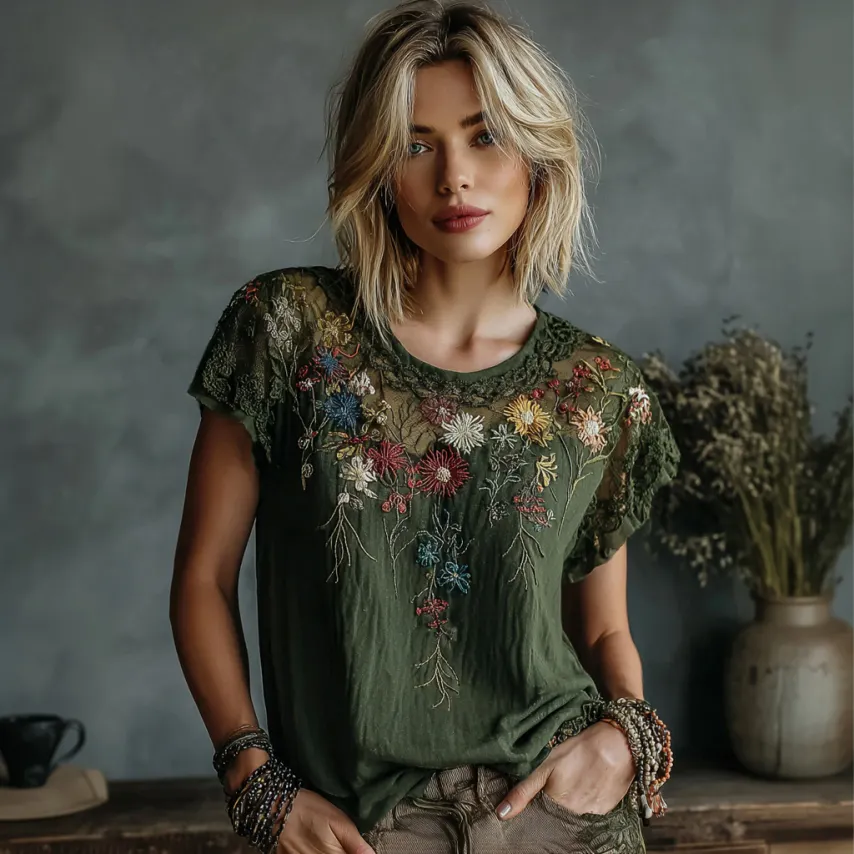 Women's Retro Floral Art Embroidery Casual Cotton Linen T-shirt