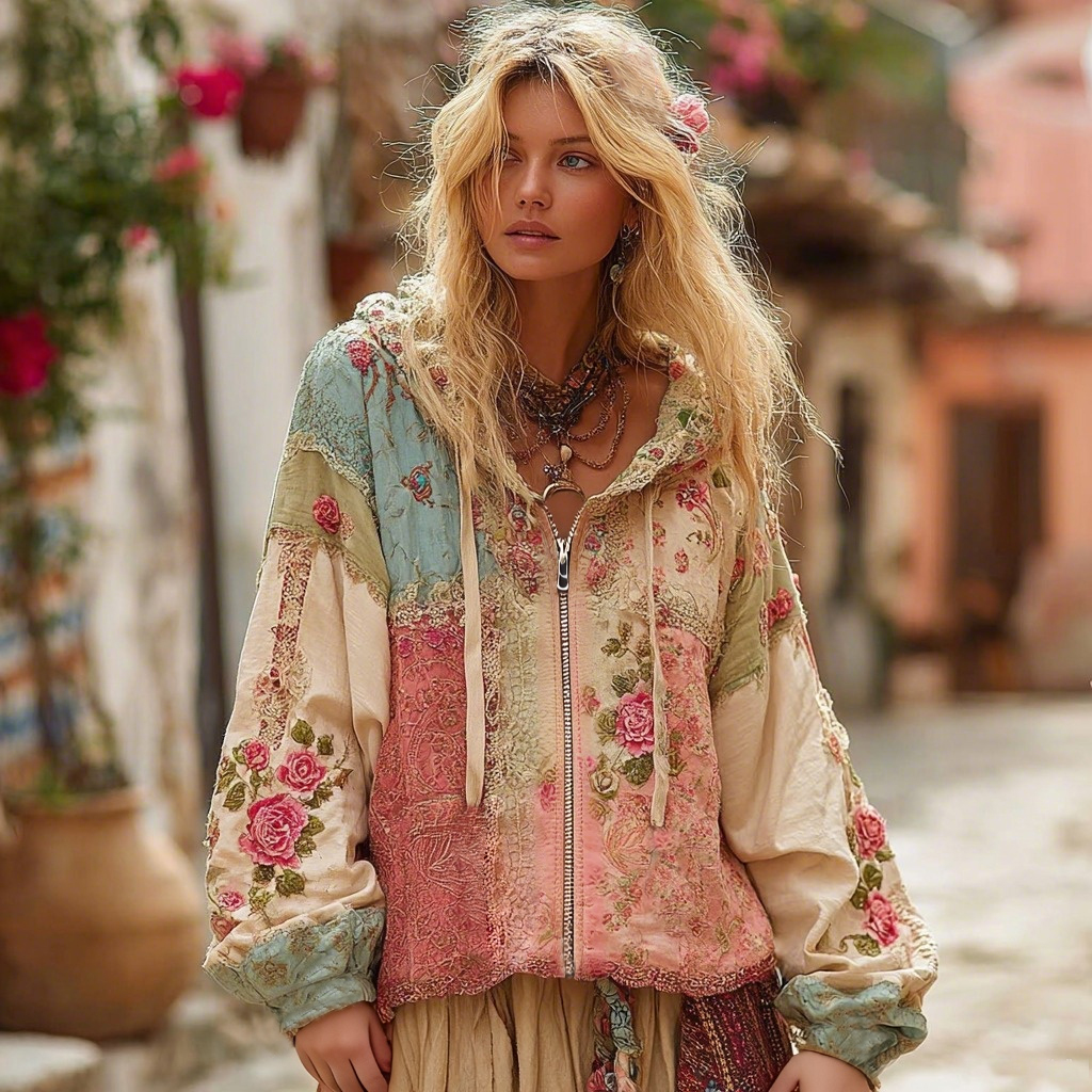 Women's Floral Embroidery Color Block Boho Casual Zip-up Hoodie