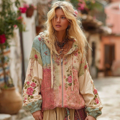 Women's Floral Embroidery Color Block Boho Casual Zip-up Hoodie