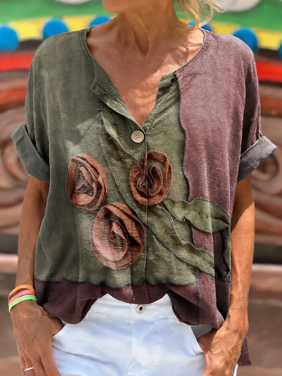 Women's Ethnic Floral Art Print Comfortable V-Neck Cotton Shirt