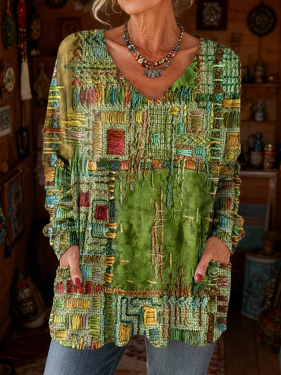 Women's Retro Colorful Art Print Casual Long Sleeve V-Neck T-Shirt