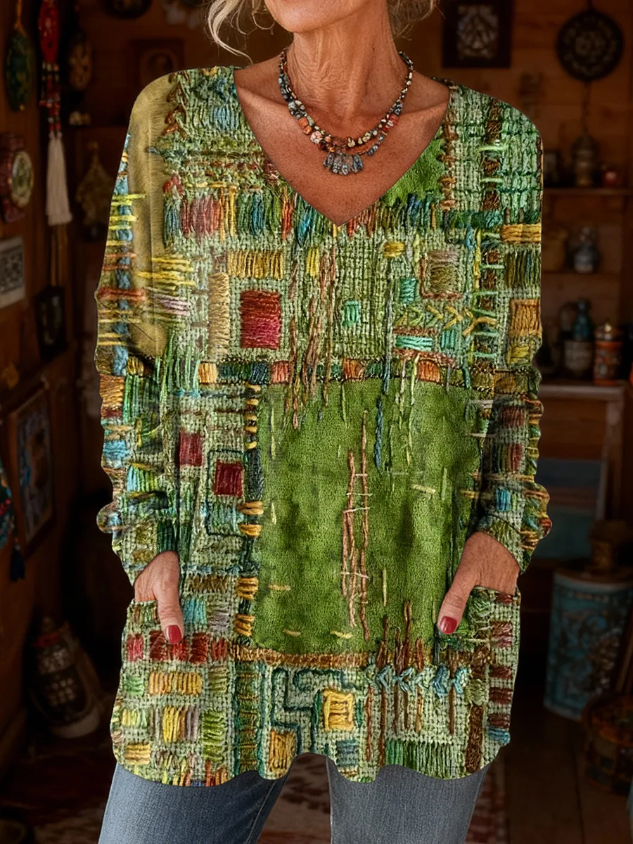 Women's Retro Colorful Art Print Casual Long Sleeve V-Neck T-Shirt