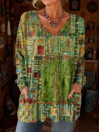 Women's Retro Colorful Art Print Casual Long Sleeve V-Neck T-Shirt