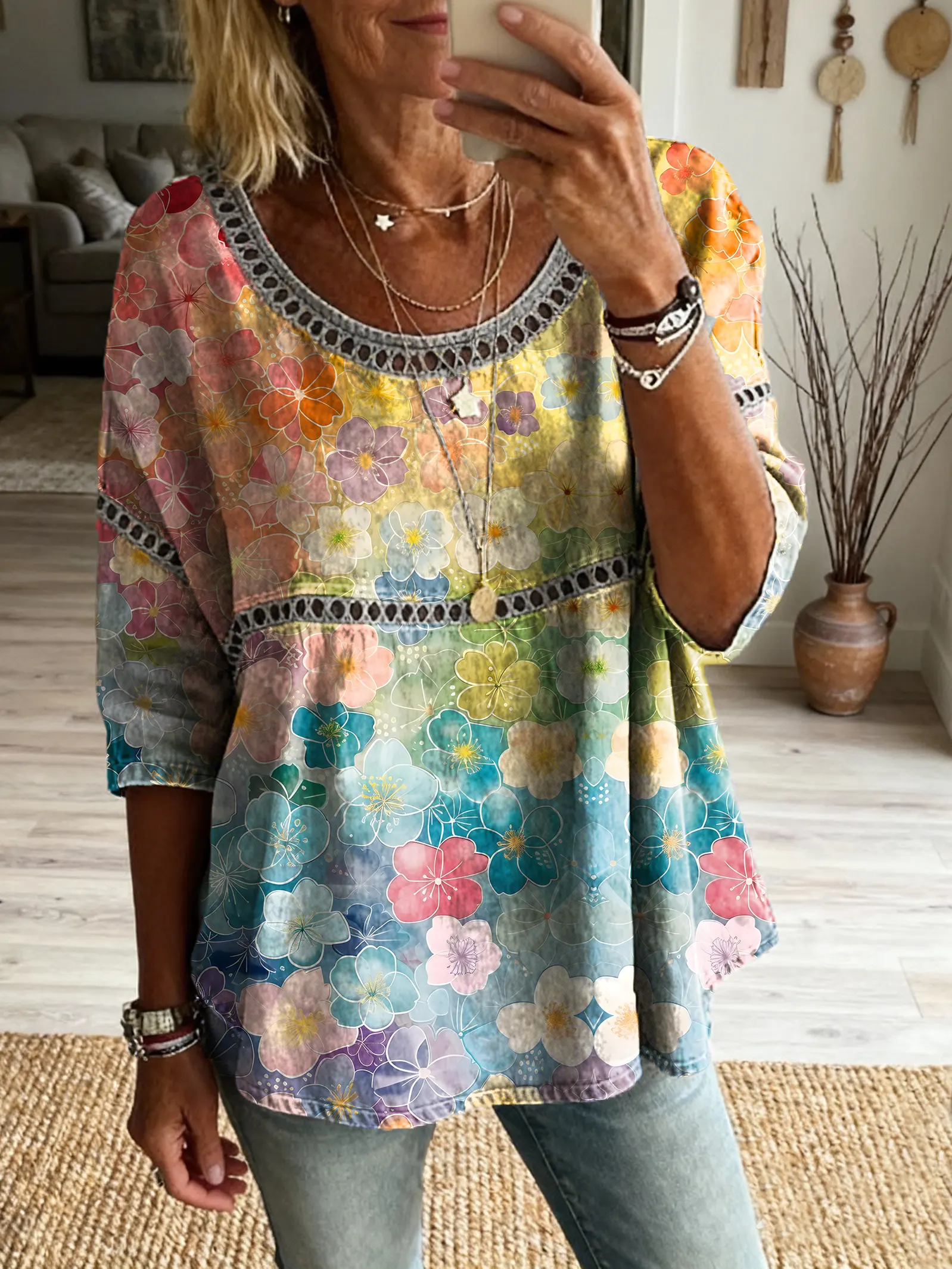 Ethnicity Flowers Colorful Women's Vintage Art Print Casual Round Neck Cutout Top