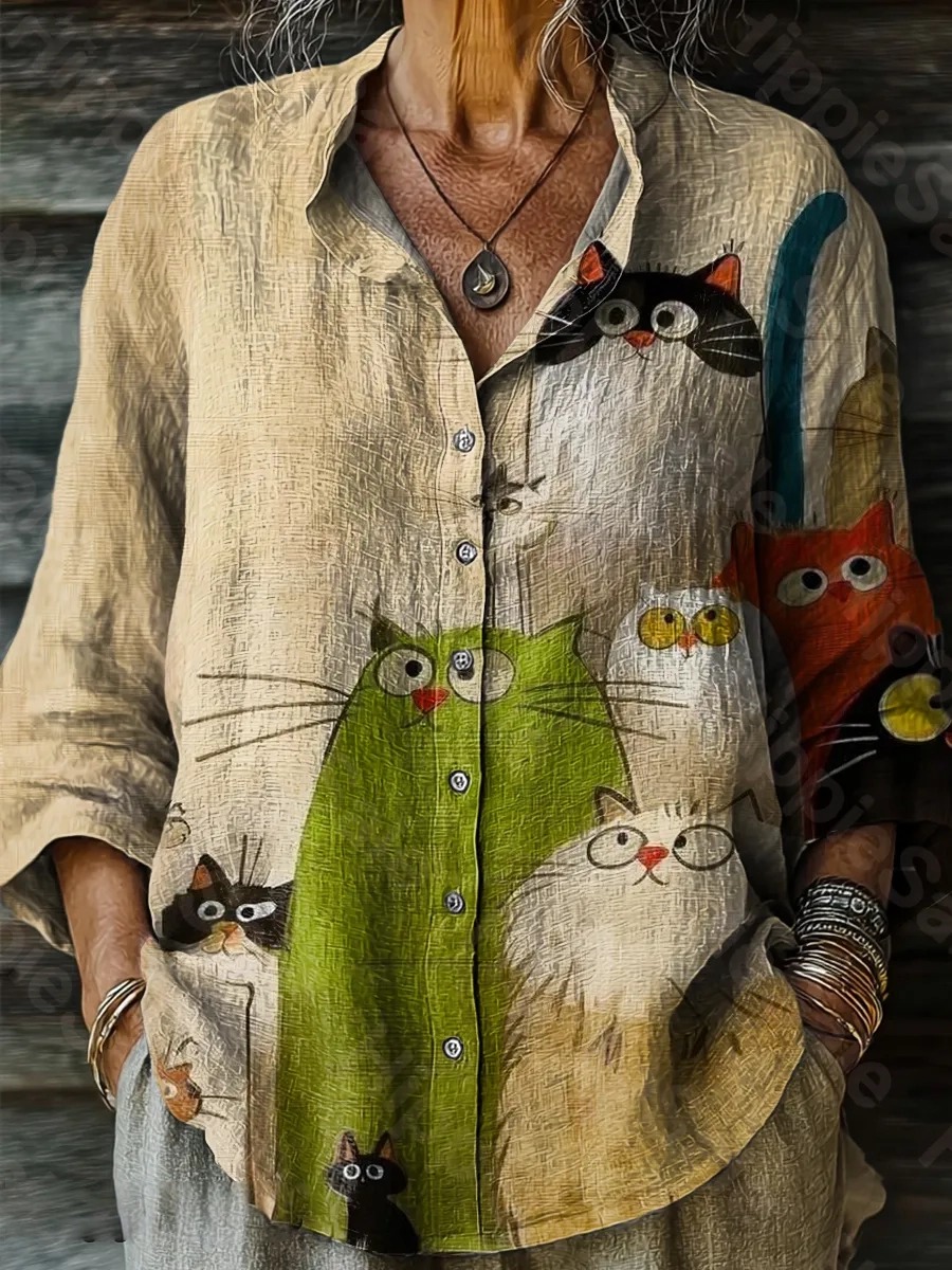 Women's Cute Cat Art Print Casual Cotton Linen Shirt
