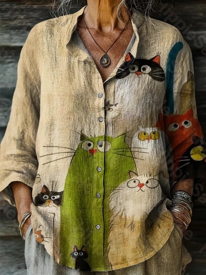 Women's Cute Cat Art Print Casual Cotton Linen Shirt