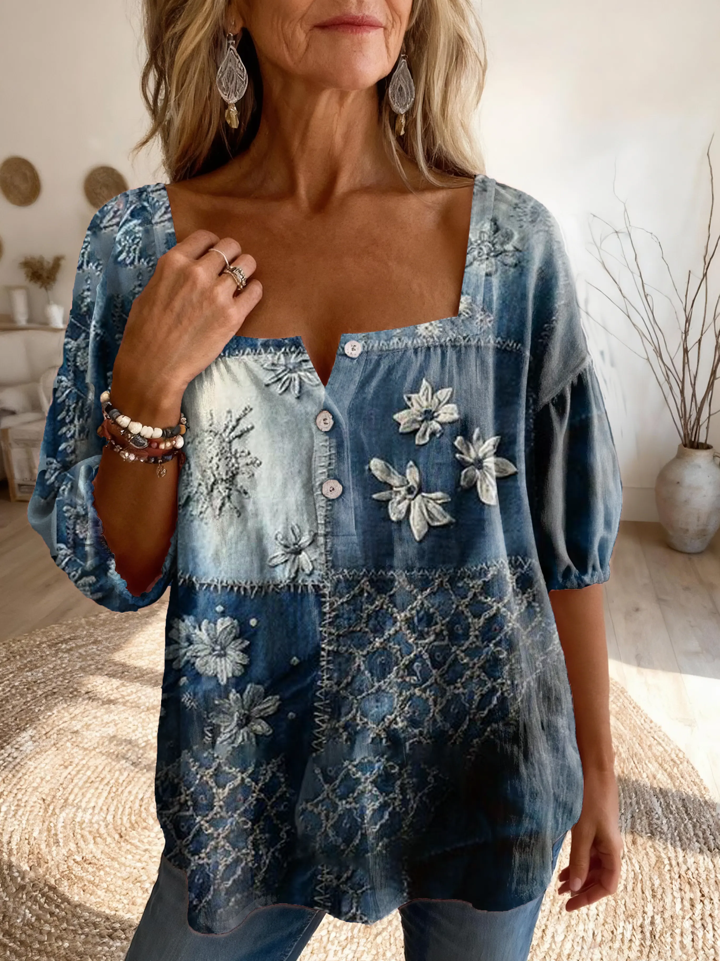 Women's Vintage Ethnic Floral Print Artistic Casual Square Neck Top