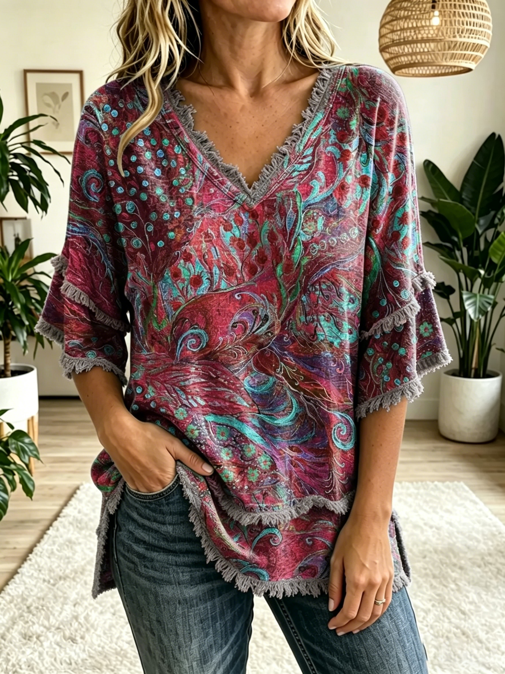 Women's Folk Floral Art Print V-Neck Tasseled Cotton Top