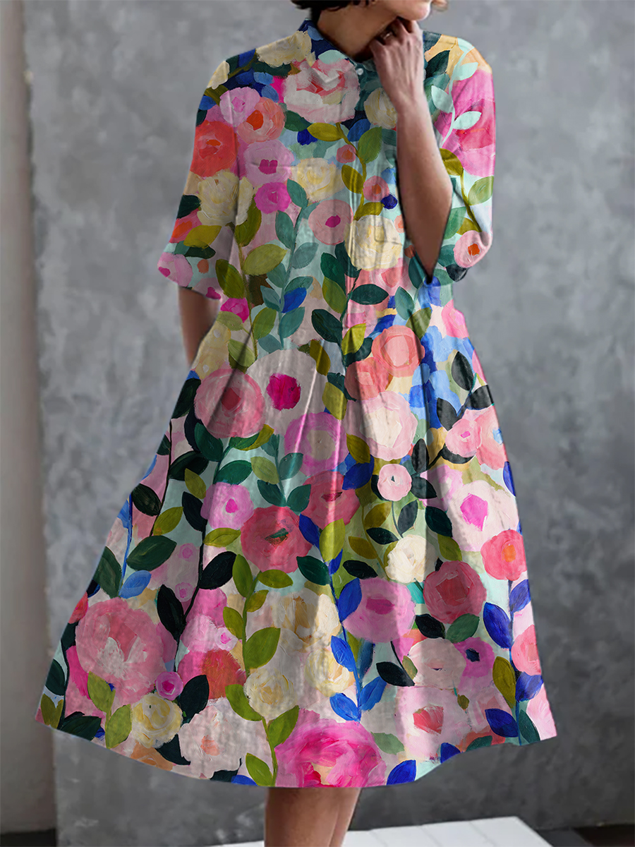 Vintage Colorful Floral Print Pocket Half Sleeve Dress