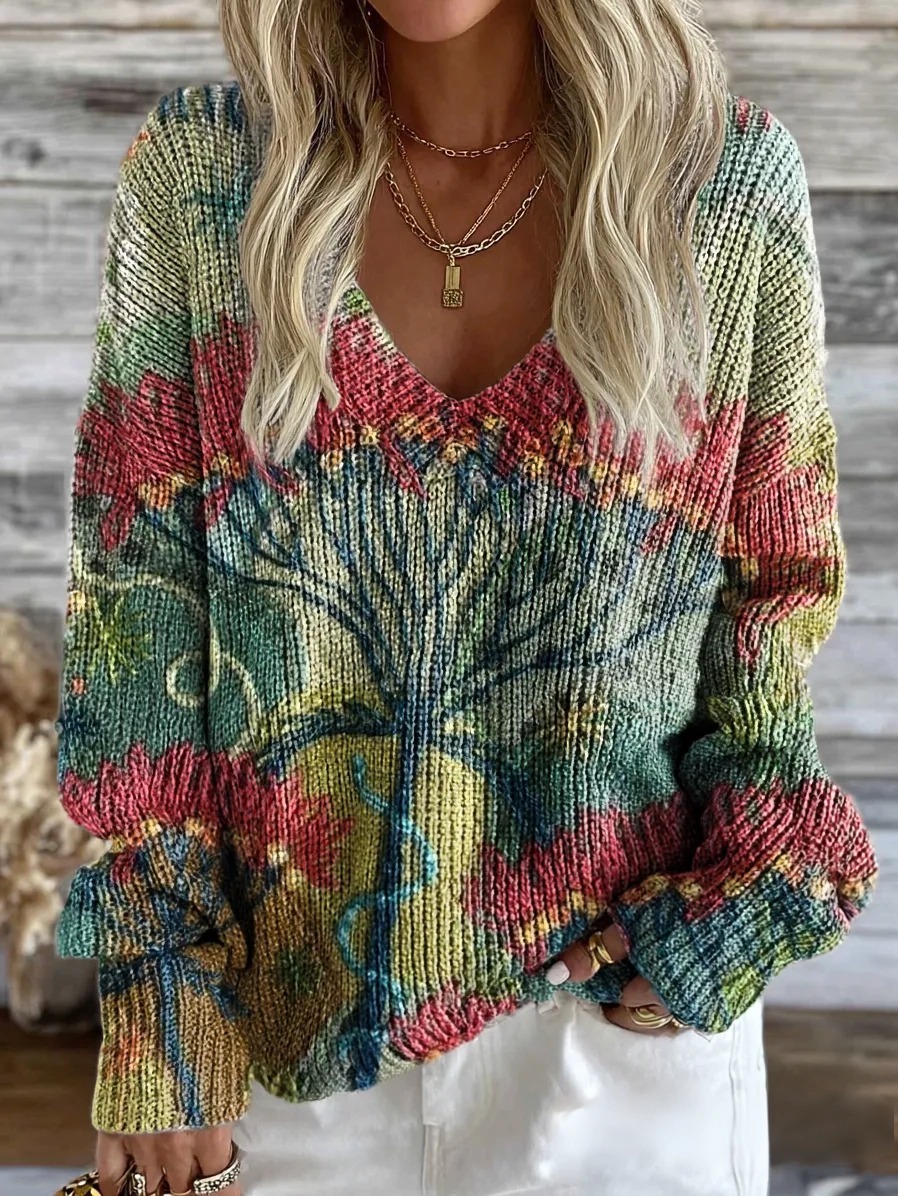 Women's Plant Pattern Print V-Neck Long Sleeve Knitted Sweater