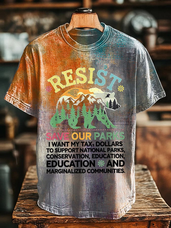 Men's Vintage Resist Bear Save Our Parks Printed Round Neck T-Shirt