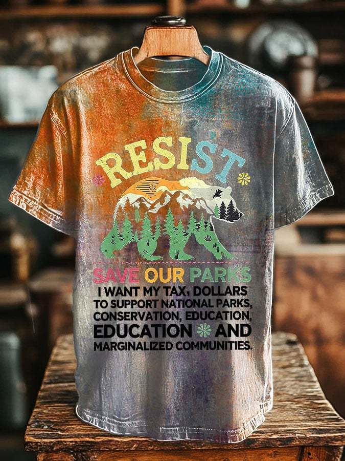 Men's Vintage Resist Bear Save Our Parks Printed Round Neck T-Shirt