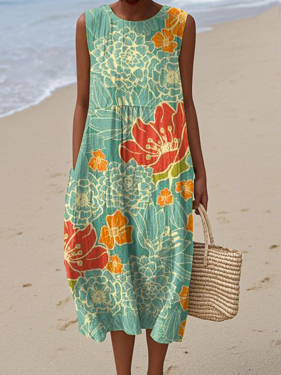 Women's Vintage Floral Art Print Sleeveless Cotton Pocket Wrap Dress