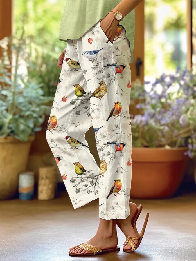 Women's Retro Casual Forest Bird Cotton and Linen Pants(With Pockets)
