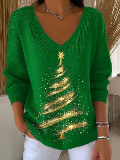 V-Neck Retro Christmas Golden Christmas Tree Print Knitwear Tops