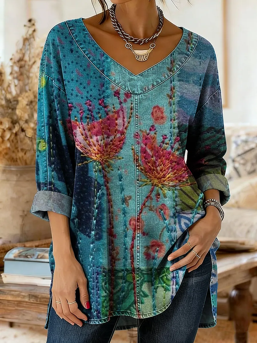 Women's Art-print Floral Pattern Washed Denim Cotton Top