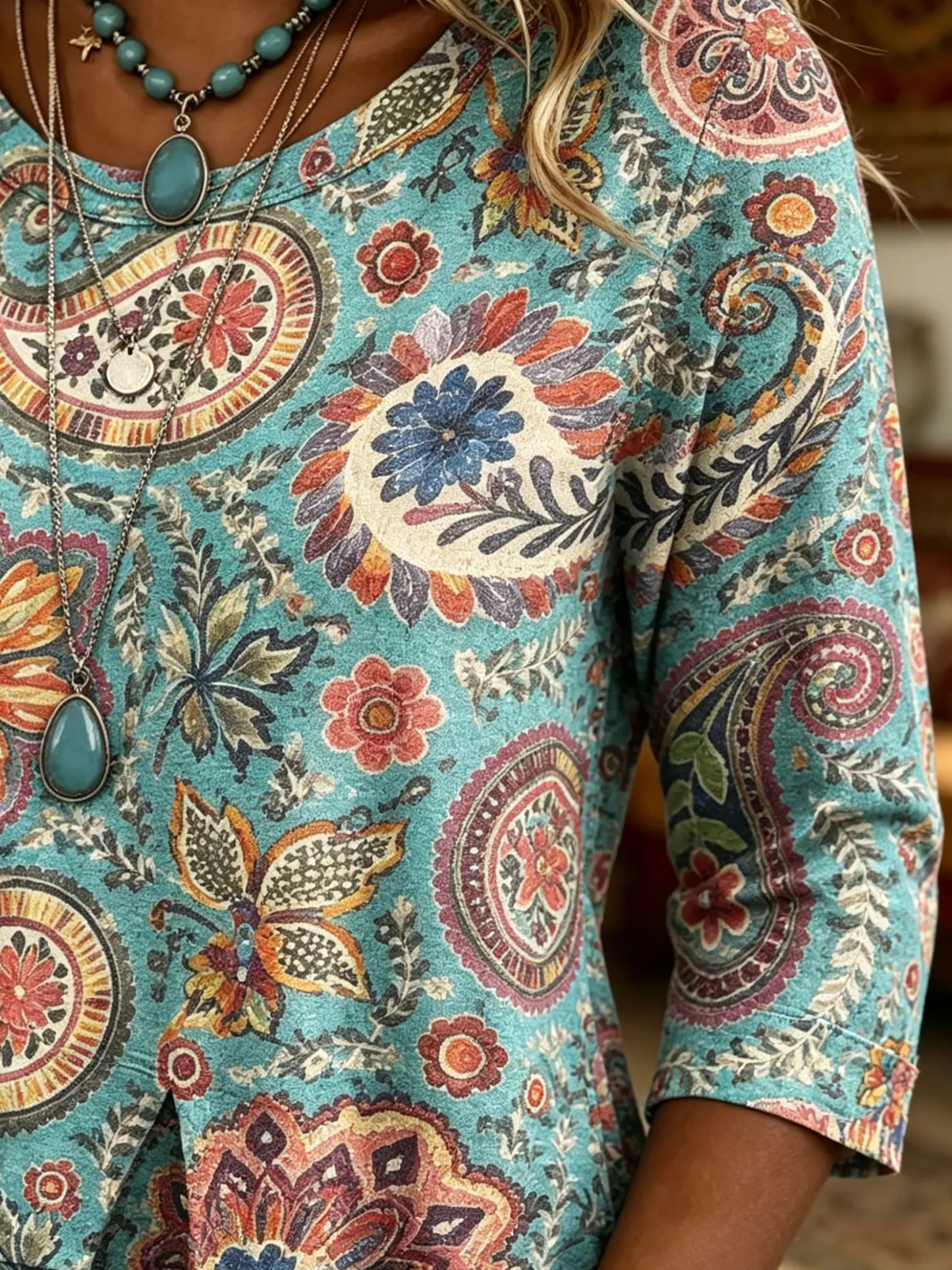 Women's Retro Bohemian Paisley Art Print Casual Three-quarter Sleeve Round Neck Patchwork Shirt