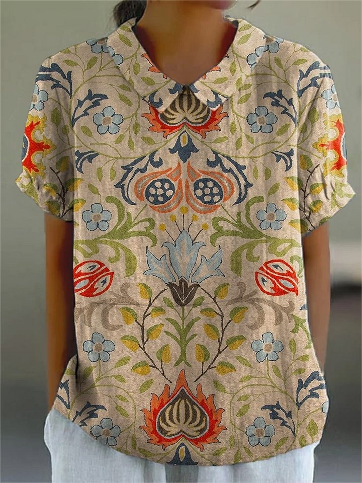 Women's Vintage Lovely Floral Pattern Art Print Casual Cotton Linen V-neck Shirt