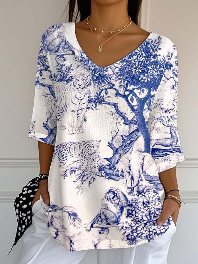 Women's Retro Flora and Fauna Realistic Print Mid-Sleeve T-Shirt